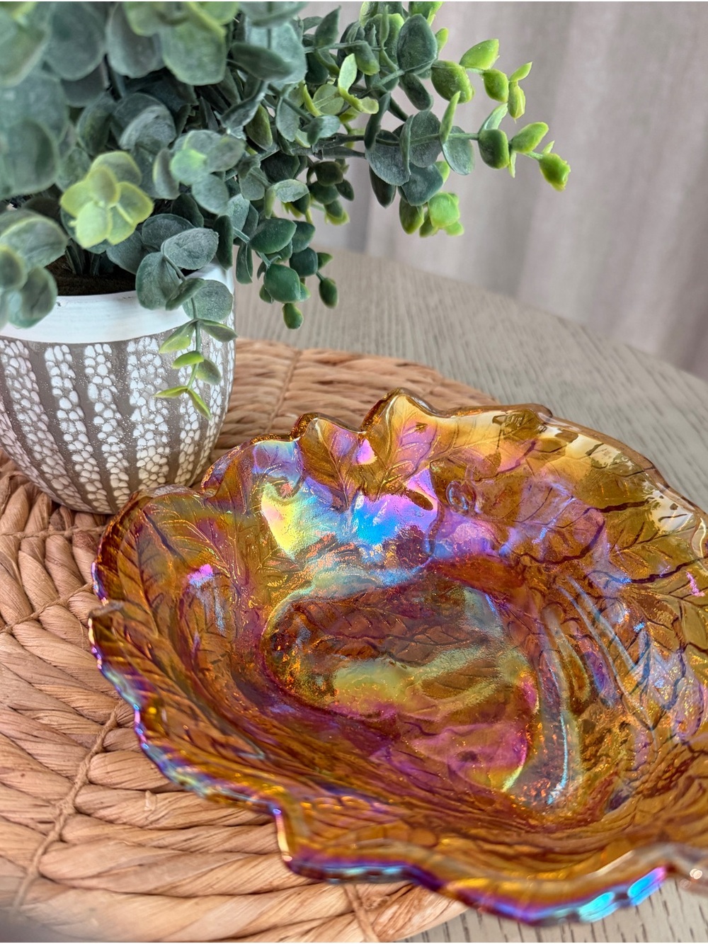 Amber Iridescent Leaf Berry Bowl Dish Relish Candy Decor Indiana Glass Vintage